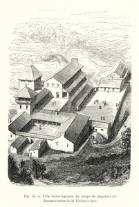 Merowingische Villa zur Zeit von Dagobert I., Rekonstruktion von M. Viollet-le-Duc (Gravur) von French School