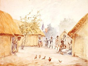 Dorf in Madagaskar zur Zeit der Eroberung durch Frankreich 1895-96 von French School