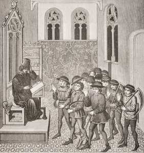 Bösewichte erhalten die Befehle ihres Herrn, bevor sie zur Arbeit gehen, nach einer Miniatur in einem Manuskript aus dem 15. Jahrhundert, aus Le Moyen Age et La Renaissance von Paul Lacroix (1806-84) veröffentlicht 1847