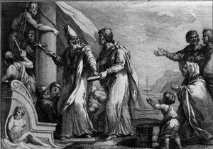 Besuch von Saint Germain von Auxerre in England um 430: Saint Germain, Bischof von Auxerre, der kam, um den Pelagianismus zu bekämpfen, der als Häresie galt. Gravur aus dem 18. Jahrhundert.