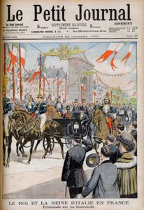 Besuch des Königs und der Königin von Italien in Frankreich. Der König und die Königin von Italien in Frankreich. Spaziergang auf den Boulevards mit dem Präsidenten der Französischen Republik Emile Loubet - Illustration für Le Petit Journal, 25. Oktober 19