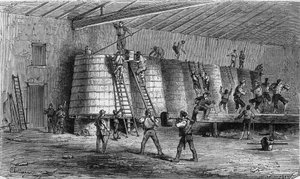 Weinbau im Médoc: Stampfen und Einlegen in die Gärbottiche. Gravur in „Le Monde Illustré“ Nr. 561 vom 11. Januar 1868.