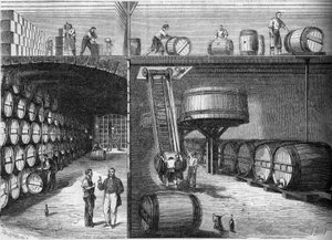 Weinbau: Innenansicht der Keller und Werkstätten von M. P. Morel und F. Sourzac in Bordeaux, Gironde (33) von French School