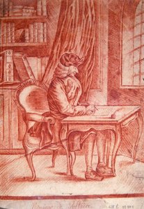 Voltaire (1694-1778) schreibt in seinem Arbeitszimmer, ca. 1765-75 von French School