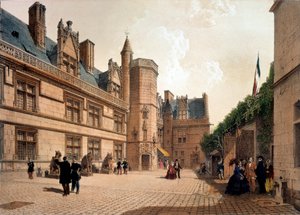 Ansicht des Hotels und des Museums von Cluny in Paris. Gravur des 19. Jahrhunderts. Paris, dekorative Künste von French School