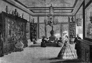 Ansicht des chinesischen Museums der Kaiserin Eugenie de Montijo, eingerichtet 1863 im Schloss Fontainebleau. Gravur in „Le Monde Illustré“ Nr. 325 vom 4. Juli 1863