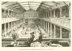 Innenansicht einer lithografischen Druckerei in Paris (Gravur)