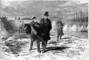 Krieg von 1870: Gespräch zwischen Adolphe Thiers (1797-1877) und Jules Favre (1809-1880), die über den Abbruch der Verhandlungen über den Waffenstillstand mit Deutschland entschieden. Gravur in „Le Monde Illustré“ Nr. 709 vom 12. November 1870. von French School