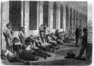 Krieg von 1870: Pariser stehen vor dem Finanzministerium Schlange, um das nationale Darlehen zur Kriegsfinanzierung zu zeichnen. Szene, die den Tag vor der Eröffnung der Fenster darstellt von French School