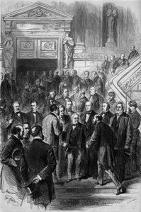 Krieg von 1870: Präsident des Rates Adolphe Thiers (1797-1877) erhielt die Glückwünsche der Abgeordneten bei seiner Freilassung aus der Nationalversammlung, die am 19. Februar 1871 in Bordeaux versammelt war. Er hat gerade die Investitur seiner Regierung e