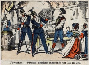 Krieg von 1870 zwischen Frankreich und Preußen: Elsässische Bauern von den Hulans (Ulanen, Houlans) erpresst. Bild von Epinal.