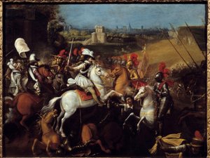 Religionskrieg: „König Heinrich IV. (1533-1610) in der Schlacht von Arques am 21. September“ von French School