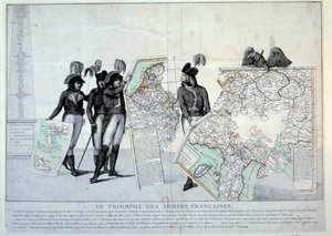 Kriege der Revolution: General Napoleon Bonaparte (1769-1821) hält eine Karte von Italien (zur Zeit des Italienfeldzugs), um das Puzzle der von Frankreich eroberten Gebiete zu vervollständigen. Links wahrscheinlich die Generäle Hoche, Pichegru und Jean Vic