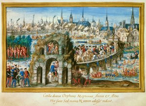 Wasserspiele organisiert von der Stadt Rouen anlässlich des königlichen Einzugs von König Heinrich II. (1519-1559) und Katharina de Medici (1519-1589) am 01.10.1550. Rekonstruktion links eines Dorfes von Indianern in Brasilien. Miniatur von French School