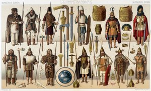 Waffen und Kostüme der Barbarenzeit - in „Das historische Kostüm“ von Racinet