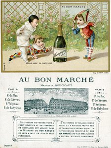 Was für ein Glück! Eine Flasche Champagner; Vorder- und Rückseite einer Werbekarte für die Bon Marché Kaufhäuser in Paris, ca. 1895 von French School