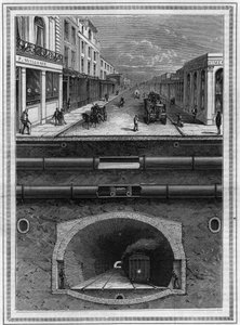 Was unter dem Pflaster von London (Großbritannien) liegt: Gasrohr, Wasserrohr, Pneumatikrohr für Abfälle, Abflüsse, Tunnel und Eisenbahnlinie für Metropolregionen. Gravur in „La Nature. Revue des sciences et de ses applications aux arts et à l