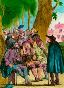 Windpolitiker lesen „die Gazette“ unter dem Krakauer Baum in den Gärten von Luxemburg am Ende des Ancien Régime in Paris. Gravur des 18. Jahrhunderts. Private Sammlung