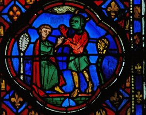 Fenster Ew-R, Theophilus mit einem Teufel darstellend von French School