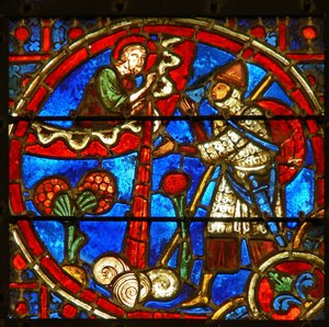 Fenster mit Darstellung von Gideons Vlies von French School