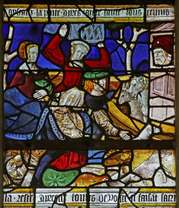 Fenster mit Noah und der Arche: Beladen der Arche (Buntglas)