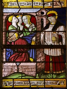 Fenster mit dem Heiligen Nikolaus, der Geld für den Vater von drei Mädchen hinterlässt, um ihre Prostitution zu vermeiden (Buntglas) von French School