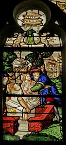 Fenster mit Susanna, die beim Baden belästigt wird