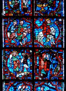 Fenster, das Szenen aus der Kindheit Christi darstellt, einschließlich der Magier, die dem Stern folgen, der Verkündigung an die Hirten und der Heimsuchung von French School