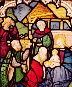 Fenster, das die Anbetung der Heiligen Drei Könige darstellt von French School