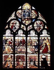 Fenster, das die Himmelfahrt der Jungfrau und die Stifter, den Marschall von Montigny und seine Frau Gabrielle de Crevent, darstellt, aus der Taufkapelle, 1619 von French School