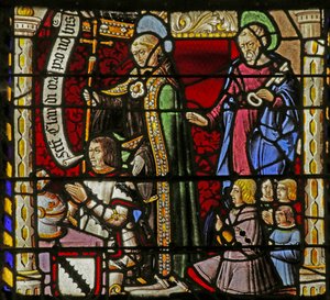 Fenster, das die Stifter Claude de Crépy und Söhne mit Saint Claude und Saint Peter darstellt