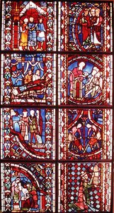 Fenster, das die Legende von St. Nikolaus, den Tod von St. Martin, St. Johannes den Täufer predigend in der Wüste, die Beschneidung von St. Johannes dem Täufer, die Legende von St. Stephan, die Predigt von St. Johannes dem B