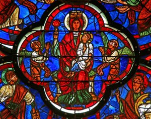 Fenster, das die Jungfrau zeigt, wie sie Christus auf ihrem Knie hält und eine Rose in ihrer rechten Hand (Detail) von French School