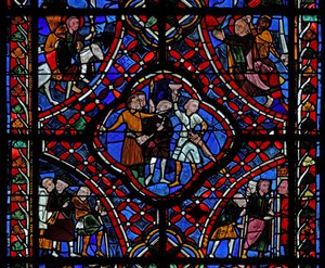 Fenster, Darstellung des vierten Abschnitts des Heiligen Jakobus-Fensters, w5: Eine Gruppe von Pilgern; Eine Szene aus der Legende des versteckten Bechers; das Martyrium des Heiligen von French School