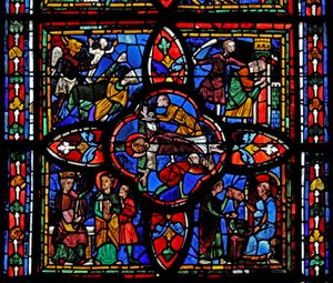 Fenster, Darstellung des zweiten Abschnitts des Fensters w7: In der Mitte ist die Kreuzigung des Heiligen Petrus; anderswo ist Heiliger Petrus vor Nero; Heiliger Petrus im Gefängnis; der Teufel nimmt eine Seele von French School