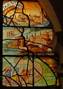 Fenster im Beinhaus (w.13) zeigt zwei Szenen: Schweineschlachtung: Abraham wird von drei Engeln besucht von French School
