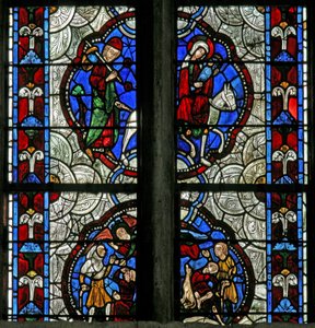 Fenster Nr. 3, Darstellung der Verkündigung an die Hirten; die Flucht nach Ägypten