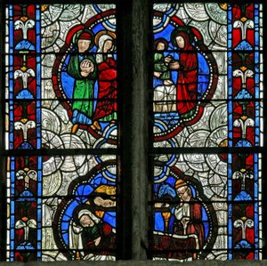 Fenster Nr. 3, Darstellung der Geburt Christi und der Darstellung im Tempel