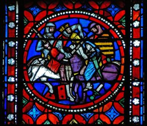 Fenster s1-R, eine Szene aus der Reise des heiligen Bonnet nach Rom darstellend; König Aripert verwundet einen Ritter tödlich