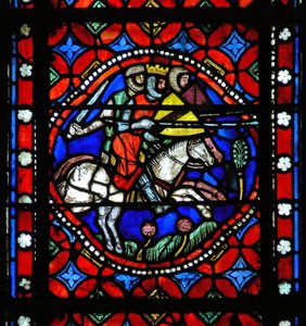 Fenster s1-R, eine Szene aus der Reise des heiligen Bonnet nach Rom darstellend: König Aripert von Pavia kämpft gegen die Barone