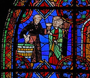 Fenster w06, Darstellung von Pilgern am Grab des Heiligen Julian von Brioude, wo Wein verteilt wird von French School