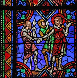 Fenster w06, Darstellung der Geschichte des Heiligen Julian von Brioude - Heiliger Ferreol, ein Freund von Julian, der während der Diokletianischen Verfolgungen starb, wird verhaftet von French School