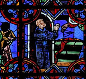 Fenster w06, Darstellung des Wunders des vollen Weinfasses bei der Gründung der Abtei des Heiligen Julian von French School