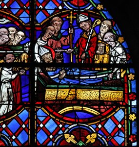 Fenster w08, die Beerdigung des Heiligen Martin darstellend von French School