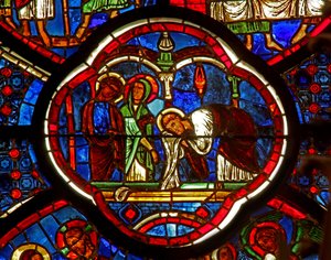 Fenster w0, Darstellung von St. Peter, St. Jakobus und St. Johannes am Grab der Auferstehung