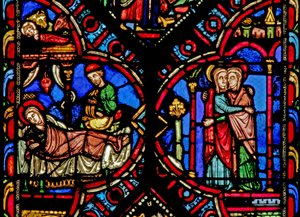 Fenster w0 mit der Geburt Christi und der Heimsuchung von French School