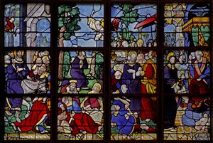 Fenster w10 mit Darstellung von 4 Szenen: der Einzug in Jerusalem, im Garten Gethsemane, der Verrat, vor Kaiphas