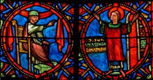 Fenster w10 Darstellung des Hohepriesters, der versucht, den Heiligen Stephanus vom Predigen abzuhalten (modern) von French School