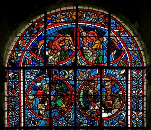 Fenster Nr. 12-L, Darstellung von Engeln tragen Seelen ins Paradies; fragmentarisches Panel - ein Bischof? der Schoß Abrahams von French School