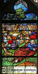 Fenster w12 mit Darstellung eines Details aus dem Wunder der Speisung der 5000 von French School